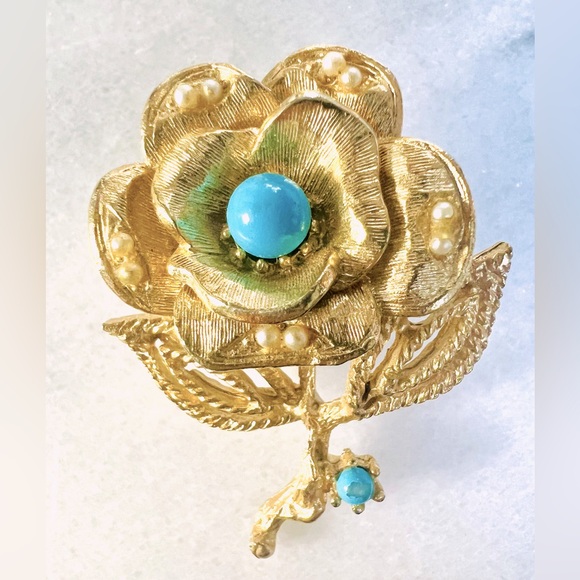 Jewelry - Vintage Textured Gold Tone and Turquoise Color Beaded Rose Brooch, Pre-Loved